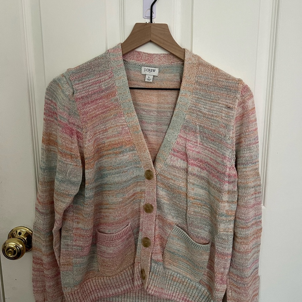 J. Crew Pink and Orange Cardigan Sweater with Striped Pattern